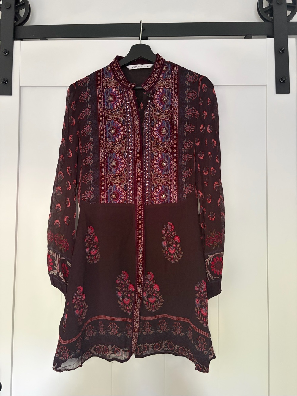 Zara Burgundy Floral-Print Long Sleeve Tunic Dress